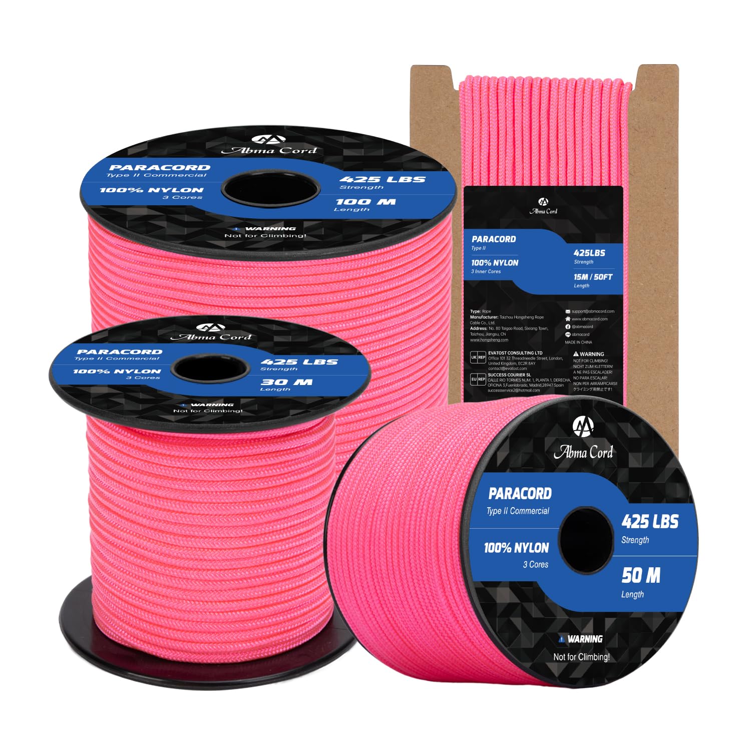 Abma Cord Paracord 3mm 50m 100% Nylon Rope Type II 3 Strands Parachute Cord - Max. 192kg (425lbs) - Neon Pink