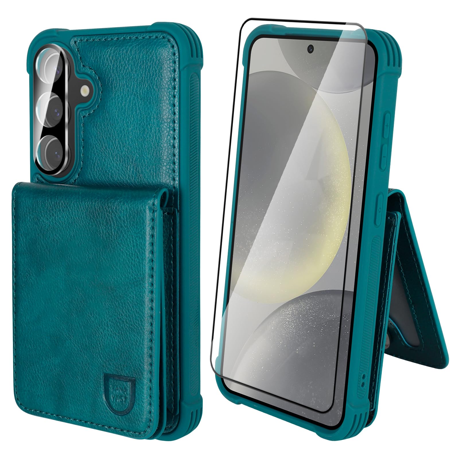 VANAVAGY Wallet Case Compatible for Galaxy S24 5G for Women and Men,Leather Magnetic Clasp Flip Folio Phone Cover with Credit Card Holder and Coin Pocket,Midnight Green