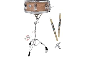GRIFFIN 14" x 5.5" Snare Drum Kit (PoplarPro Edition) – Wood Shell with Stand, 2 Pairs of Maple Sticks, Key, 8 Metal Lugs & Throw Off Strainer – Practice Setup