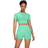 Sytiz Women Seamless Yoga Outfits 2 Piece Set Workout Gym Shorts + Short Sleeve Crop Top