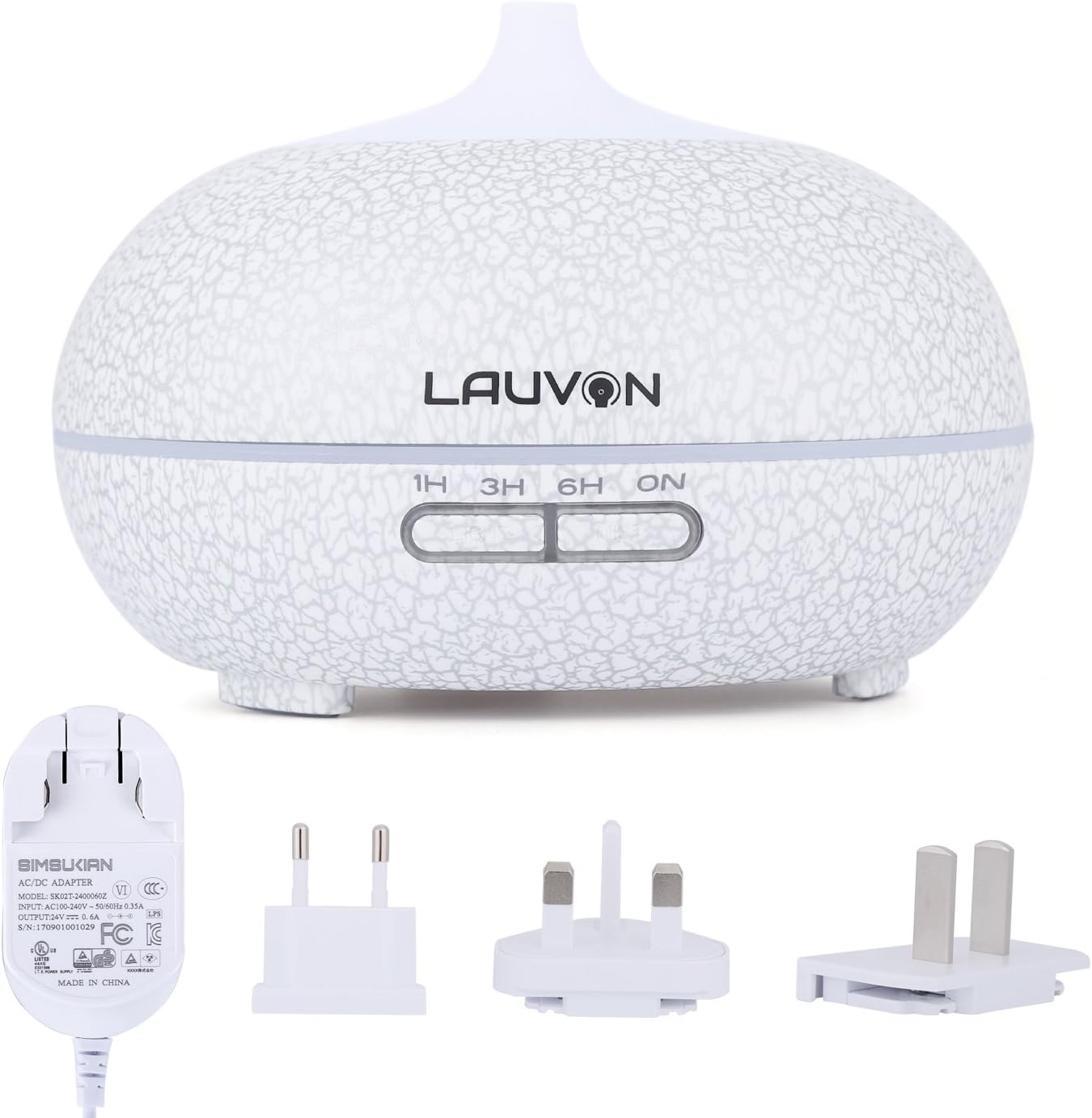 Essential Oil Diffuser, Lauvon 300ml Ultrasonic Cool Mist Tabletop Humidifier with Travel Adapters, Timer, Adjustable Mist, Waterless Auto Shut-off, 7 Color LED Light (White)