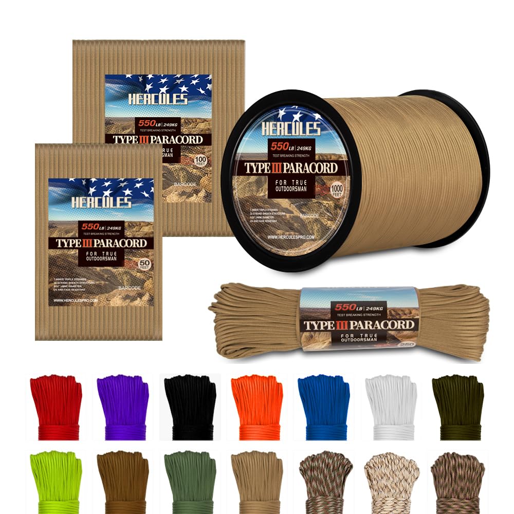 HERCULES 550 Paracord 4mm Type III 7 Strands Parachute Cord, 50' Desert Tan Utility Rope for Crafting, DIY, Camping, Survival, Outdoor