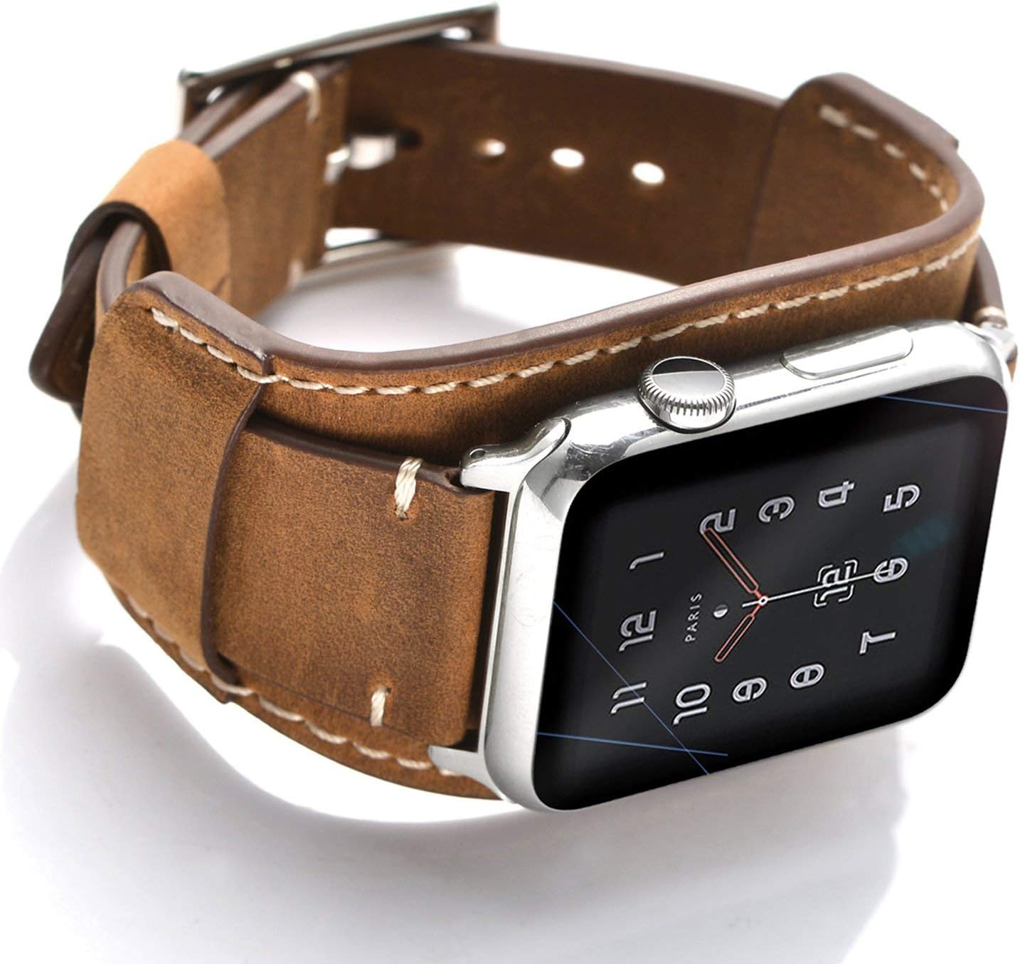 Leotop Compatible with Apple Watch Strap 42mm(Series 10) 41mm 40mm 38mm,Genuine Leather Band Cuff Bracelet with Stainless Steel Buckle Compatible iWatch Series 10/9/8/7/6/5/4/3/2/1 SE SE 2 (Brown)