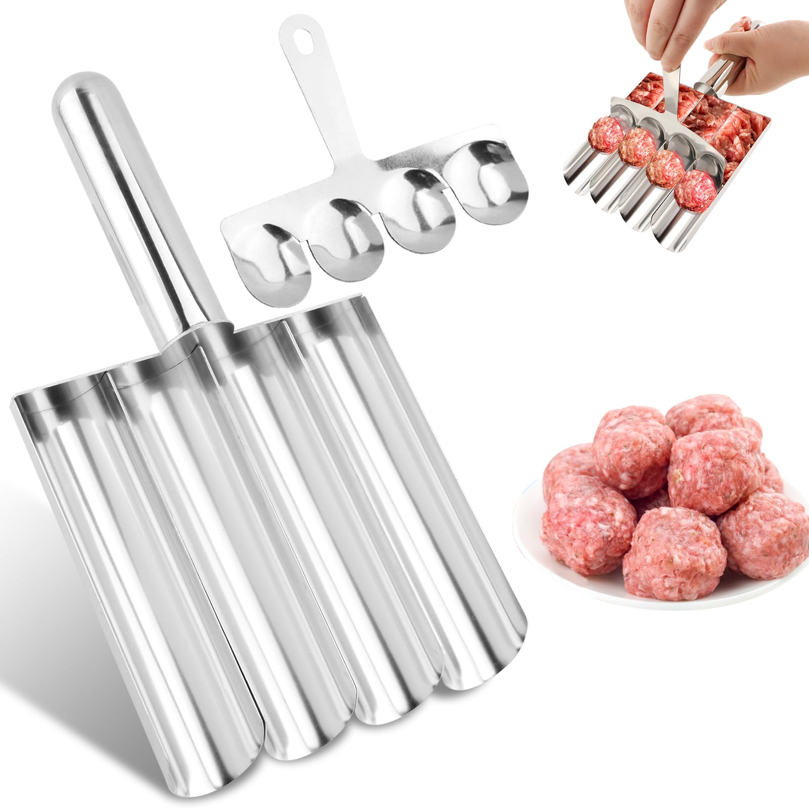 Photo 1 of 4-in-1 Meatball Maker Tool, Stainless Steel Meatball Maker Kit - Perfectly Round Meatballs, Shrimp Balls, Pastries - For Home, Restaurant, & BBQ - Easy to Use & Clean - Ideal for Families, Chefs