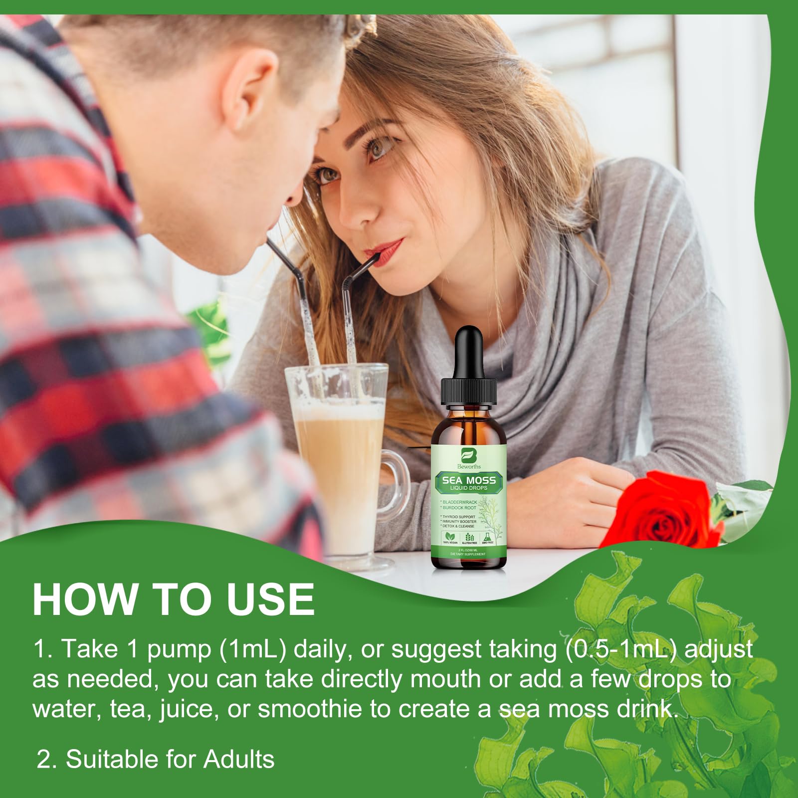 B BEWORTHS Sea Moss Liquid Drops - Organic Irish Sea Moss Gel with Spirulina, Bladderwrack, Burdock Root, Seamoss Gel Supplement for Joint, Detox Cleanse & Digestion Support - 2 Fl Oz, Vegan