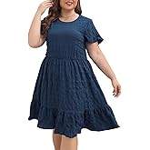 Celkuser Plus Size Casual Midi Dresses for Curvy Women Summer Round Neck Swing Dress with Pockets