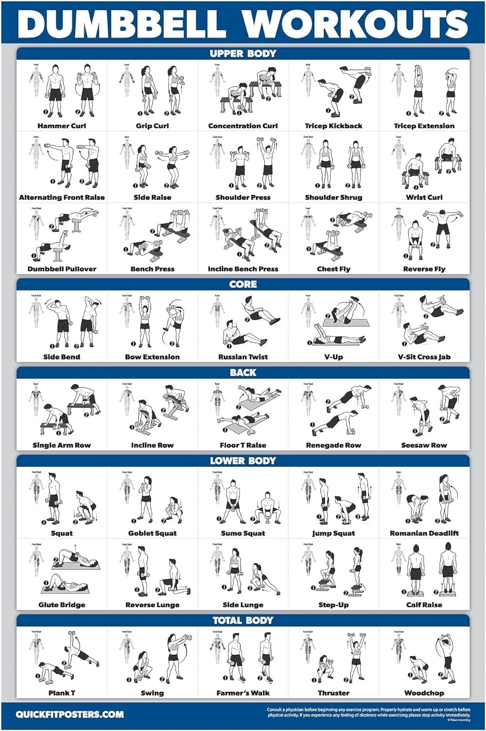 Wall Décor - Palace Learning Dumbbell Workout Exercise Poster - Free Weight Body Building Guide | Home Gym Chart - LAMINATED, 18