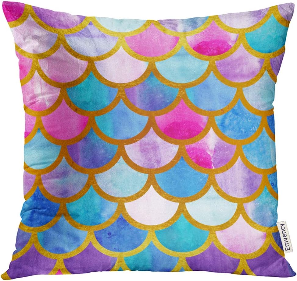 VANMI Throw Pillow Cover Blue Abstract Mermaid Scales Watercolor Fish Bright Summer Pattern with Reptilian Gold Green Animal Decorative Pillow Case Home Decor Square 20x20 Inches Pillowcase