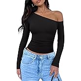 REORIA Womens 2026 Fall Fashion Long Sleeve Shirts Double Lined Casual Slim Fitted Off The Shoulder Tops