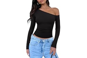 REORIA Womens 2025 Fall Fashion Long Sleeve Shirts Double Lined Casual Slim Fitted Off The Shoulder Tops