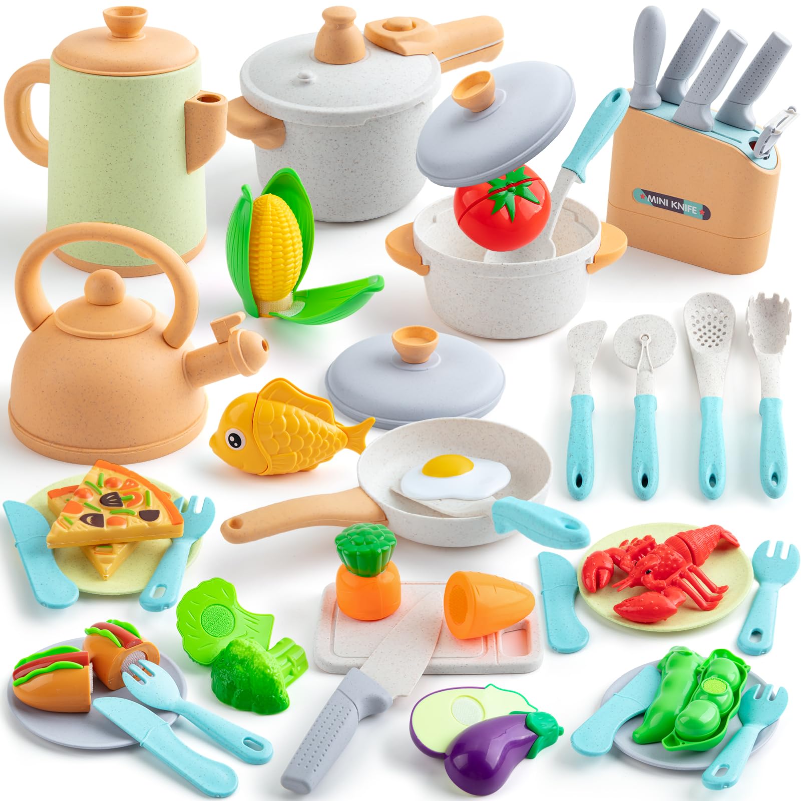 Photo 1 of Kids Play Kitchen Accessories, 42Pcs Toddlers Pretend Toy Kitchen Playset Cooking Sets with Pressure Pots and Pans, Cookware, Utensils, Cutting Play Food Preschool Education Toys Gift for Girls Boys