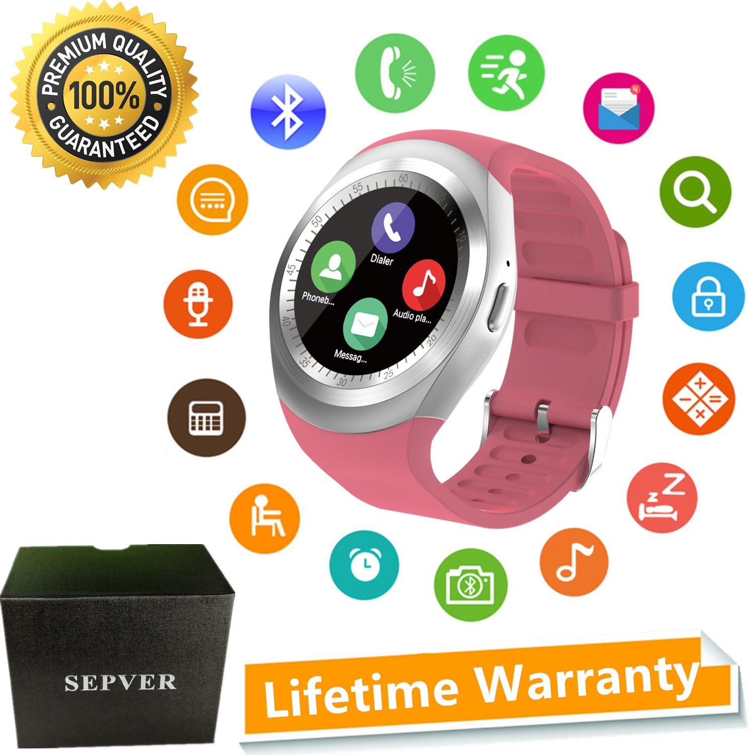 SEPVER Smart Watch Round Bluetooth Smartwatch with SIM Card Slot Compatible with Samsung LG Sony HTC Huawei Google Xiaomi Android Smart Phones for Women Men Kids Boys Girls (Pink)