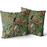 Green Chinoiserie Pillow Cover 16x16 Inch Vintage Bird Flower Throw Pillow Covers Farmhouse Floral Decorative Pillowcase Outdoor Cotton Square Cushion Cover for Couch Sofa Bedroom Decor (Pack of 2)