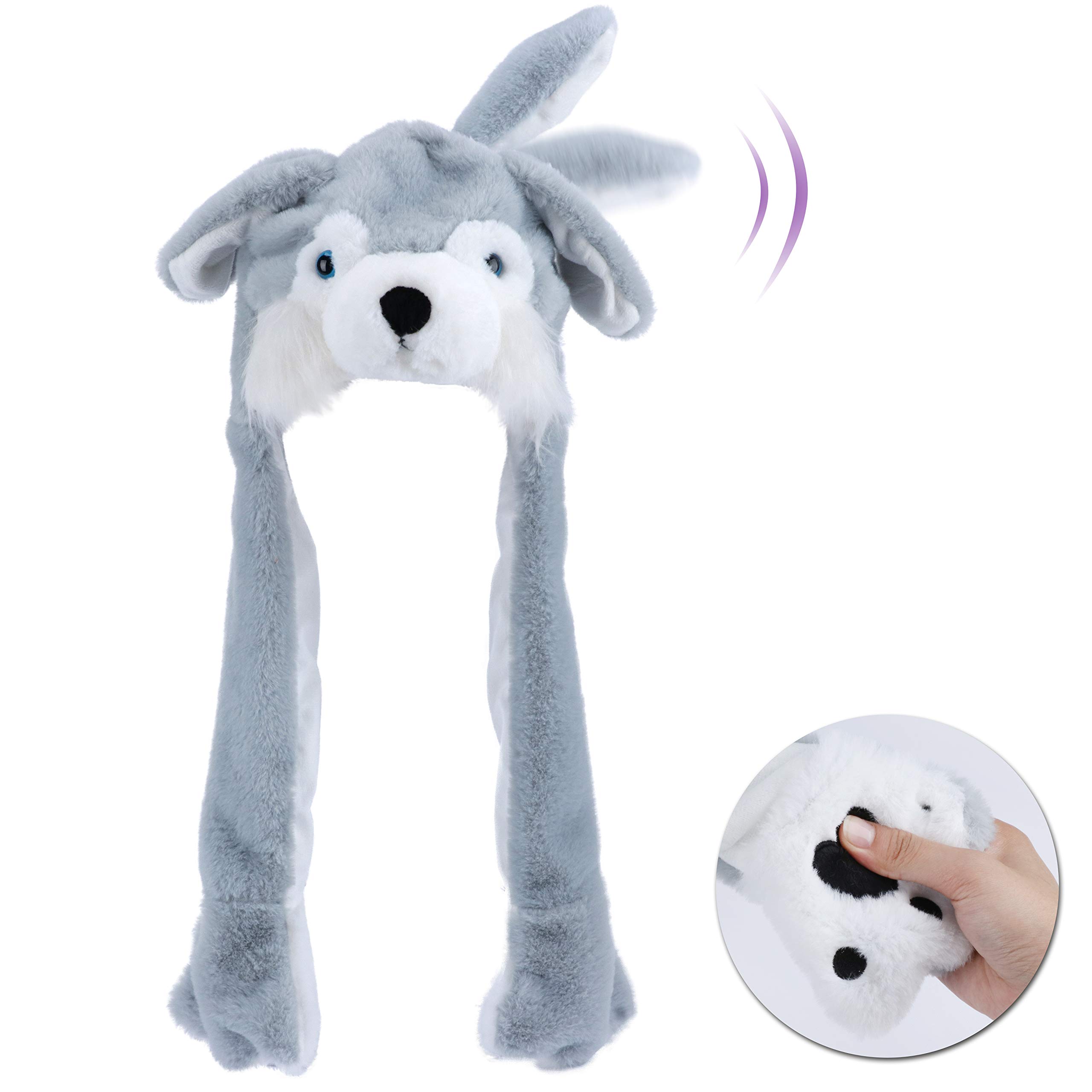 Photo 1 of Bubblepompom Husky Hat with Ears Moving Jumping Pop Up Beating Hat Plush Holiday Cosplay Dress Up Funny Party Gift for Kids Girls, Gray, 22''