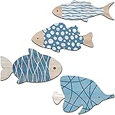 Aikgidtt 4 Pieces Wooden Fish Wall Decor Set, 12 Inch Coastal Wall Art for Bathroom, Beach House, Family Rooms - with Hooks & Adhesive Pads (Blue)