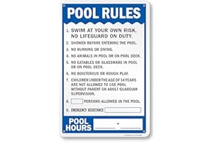 SmartSign 18 x 12 inch “Pool Rules - Swim At Your Own Risk, Shower Before Entering, Emergency Assistance, Pool Hours” Metal Sign Write-On, 63 mil Laminated Rustproof Aluminum, Blue and white, USA-Made