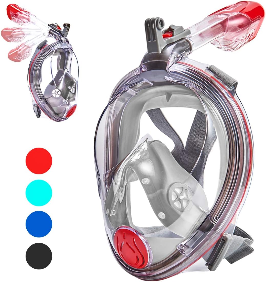VELLAA Snorkel Mask Full Face for Kids and Adults, Dry Top Set Anti-Fog Anti-Leak 180 Panoramic Large View Free Breath with Detachable Camera Mount, Adjustable Head Straps Foldable Snorkeling Mask