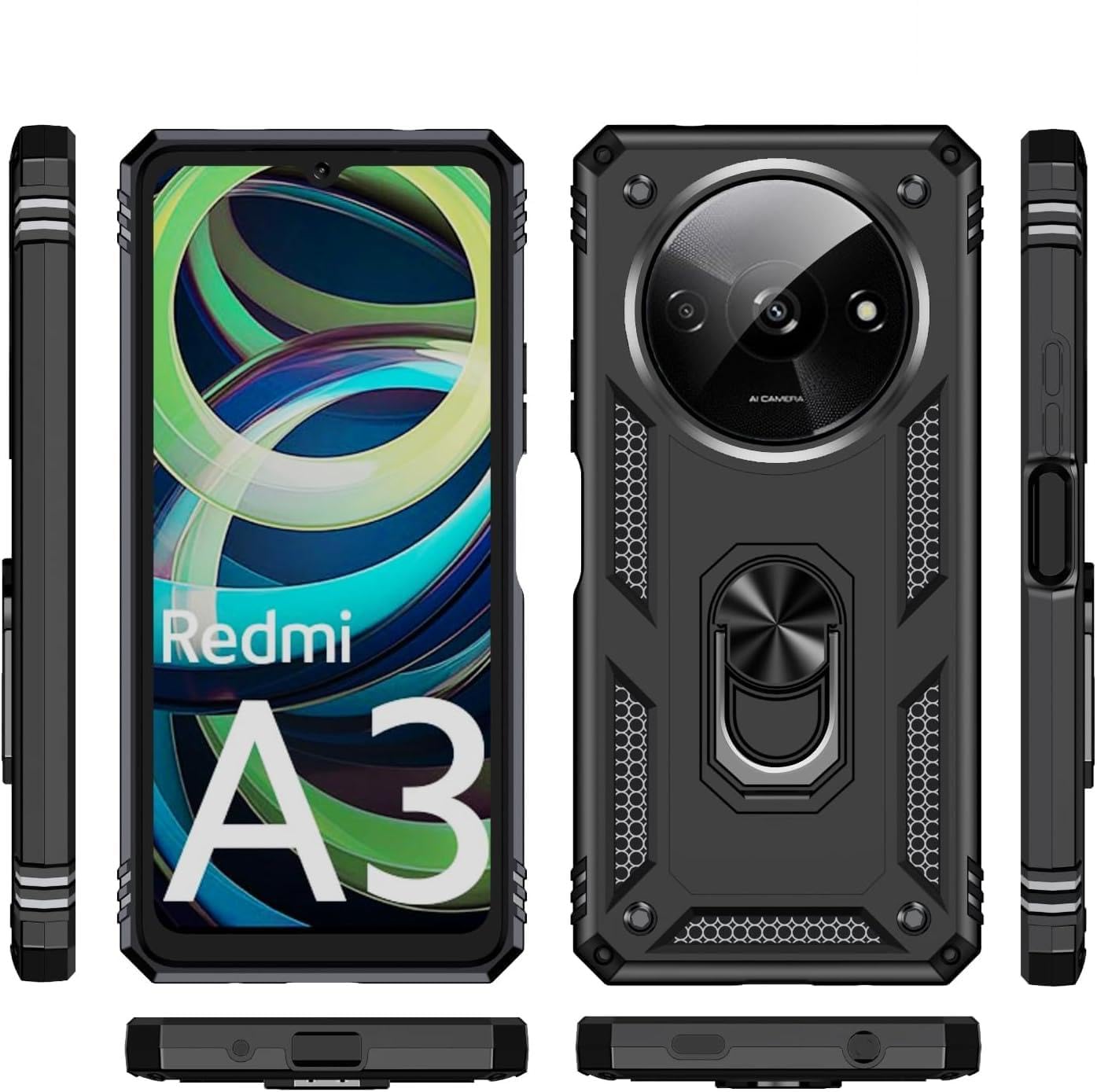 PIXFAB for Xiaomi Redmi A3 Case, Shockproof Case, Protective Ring Armour Phone Cover with [Kickstand], Dual Layer Shock Absorption, Phone Case for Xiaomi Redmi A3 - Black