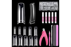 MORGLES Clear Acrylic Nail Tips, 500 Pcs French Nail Tips Square Half Cover with Glue, Clipper, Files and Cuticle Fork for Salons and Home DIY