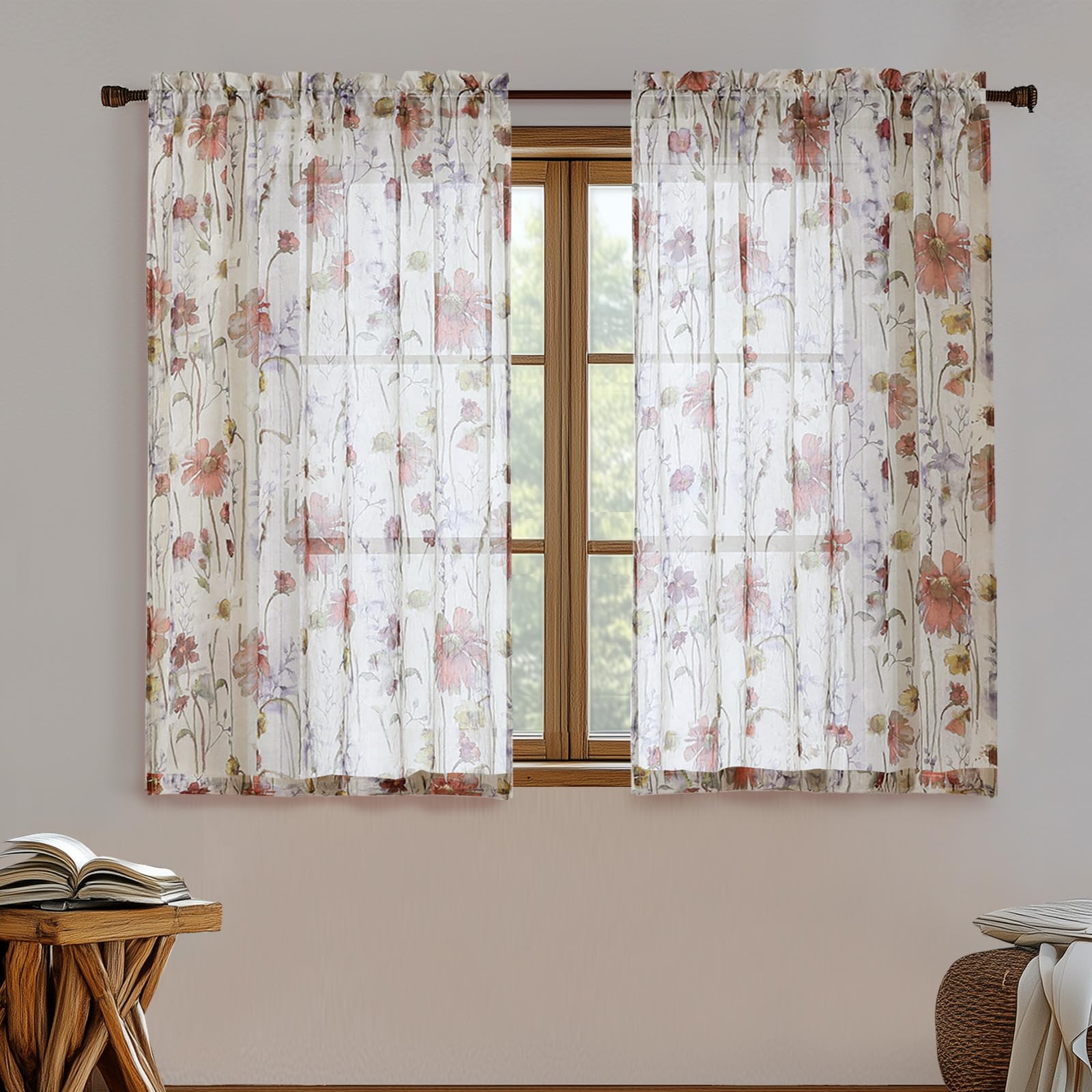 Photo 1 of OVZME Printed Floral Short Curtains 45 Inches Length 2 Panels Set, Exquisite Farmhouse Style Crushed Texture Semi Sheer Drapes for Cafe Bedroom Living Room, Top Rod Pocket Design, 42Wx45L inches