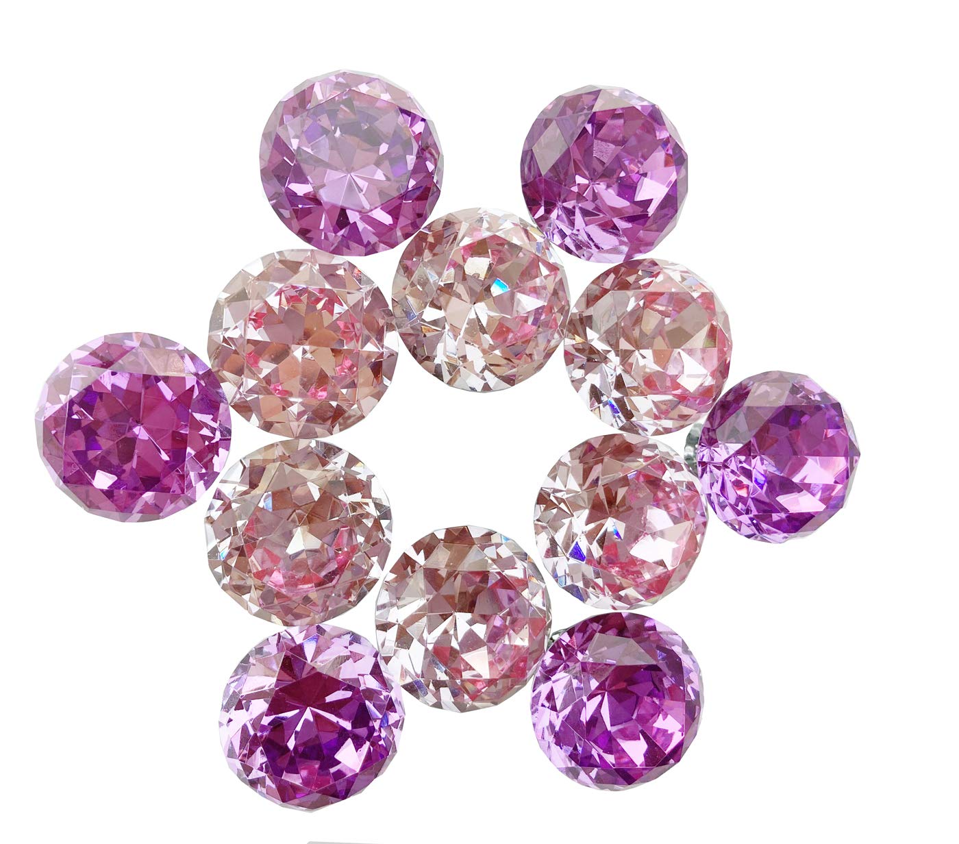 Becho 12 pcs 3cm Crystal Knob Pull Handles for Drawer Cabinet Cupboard Crystal Glass Diamond Shape Flat Round Crystal Glass with Screws (Crystal Purple+Crystal Pink)