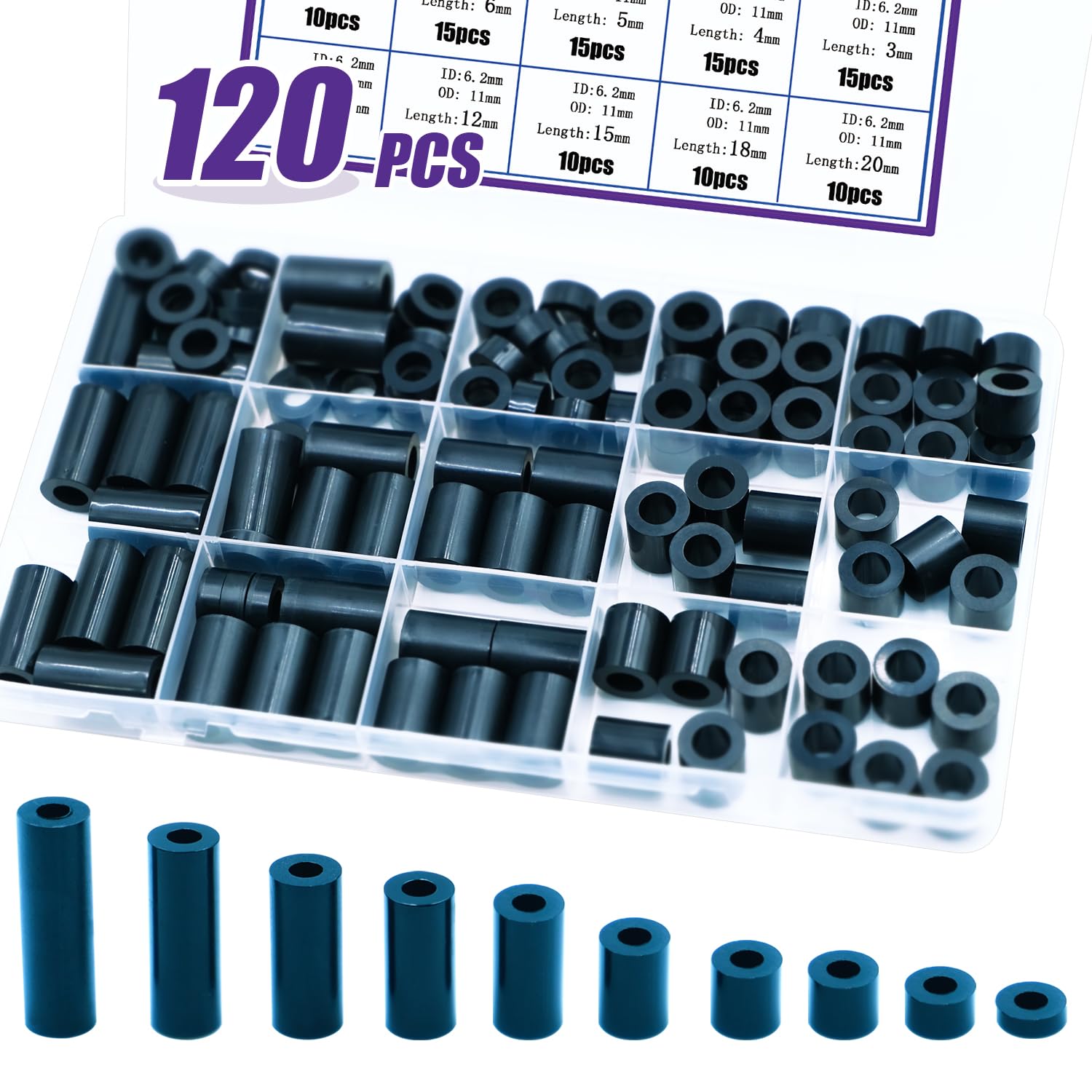 Photo 1 of 120PCS Black Hardware Spacer Bracket ABS Nylon Round Spacers Assortment Kit Without Threaded, ID 6.2mm, Length 20mm 18mm 15mm 12mm 10mm 8mm 6mm 5mm 4mm 3mm Plastic Spacers Standoff for M6 Screws