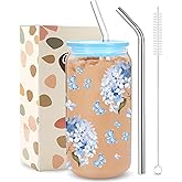 Kihraw Hydrangea Glass Cups Drinking Glasses 16 oz Iced Coffee Cup Holiday Gifts Blue Flower Tumblers for Birthday Wedding Party Gifts Include 2 Straw & 1 Cleaning Brush