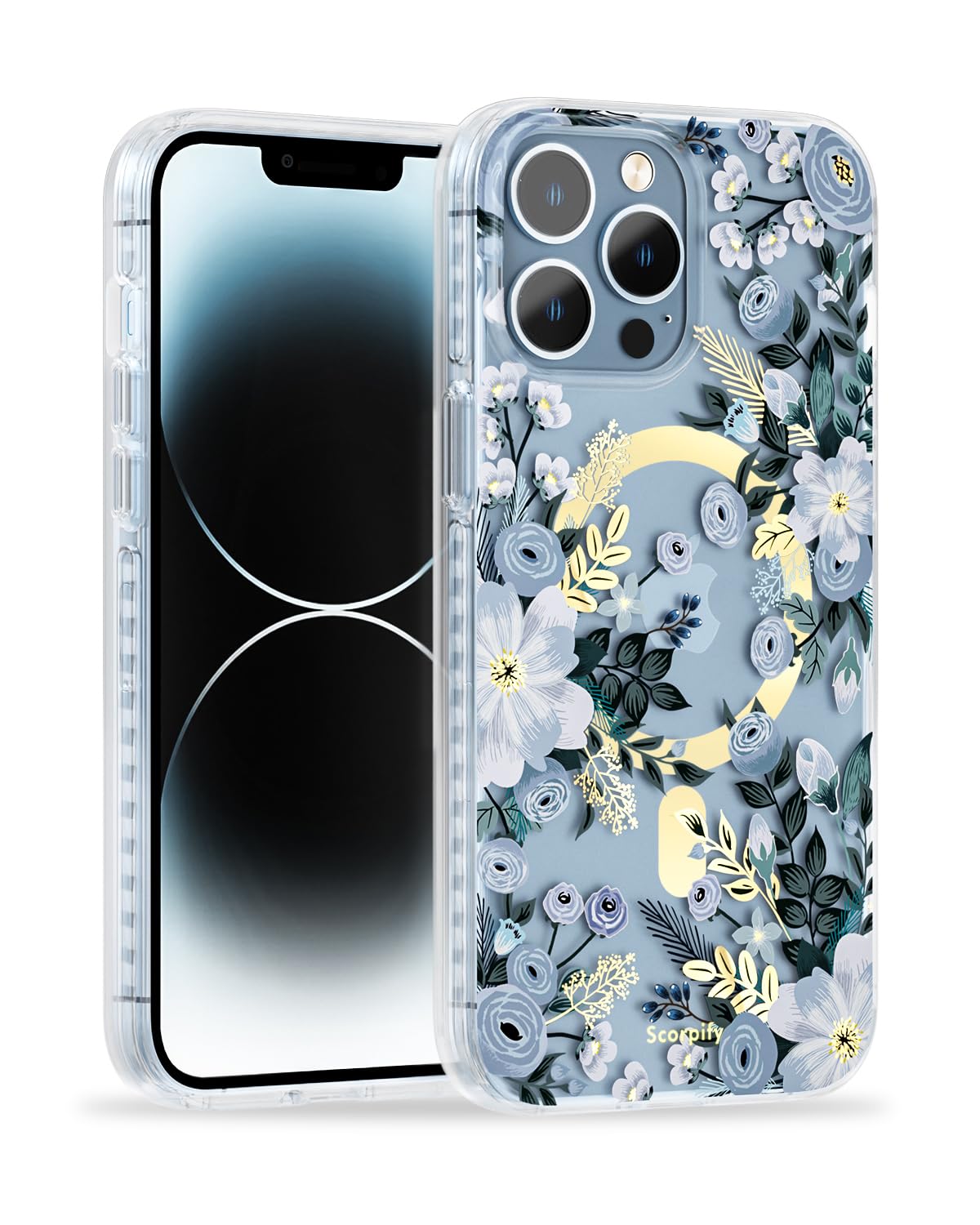 SCORPIFY for iPhone 12 Pro Max Case [Compatible with MagSafe] with Blue Nemophila Floral Design, Cute Clear Flower Magnetic Phone Cover for Women Girls,[Non Yellowing] Slim Bumper with Gold Accents