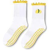 Etercycle Pilates Socks for Women, Cute Embroidery Pattern Yoga Grip Socks, Soft Cotton Crew Grippy Sock for Barre Workout