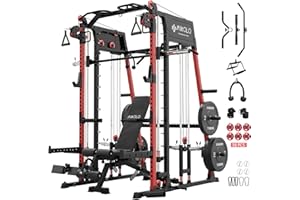Mikolo Smith Machine, 2200lbs Squat Rack with LAT-Pull Down System & Cable Crossover Machine, Training Equipment with Leg Hold-Down Attachment