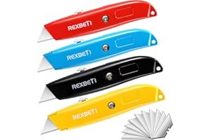 REXBETI 4-Pack Utility Knife, Heavy Duty Aluminum Shell Retractable Box Cutter for Cartons, Cardboard and Boxes, Extra 10 Blades Included