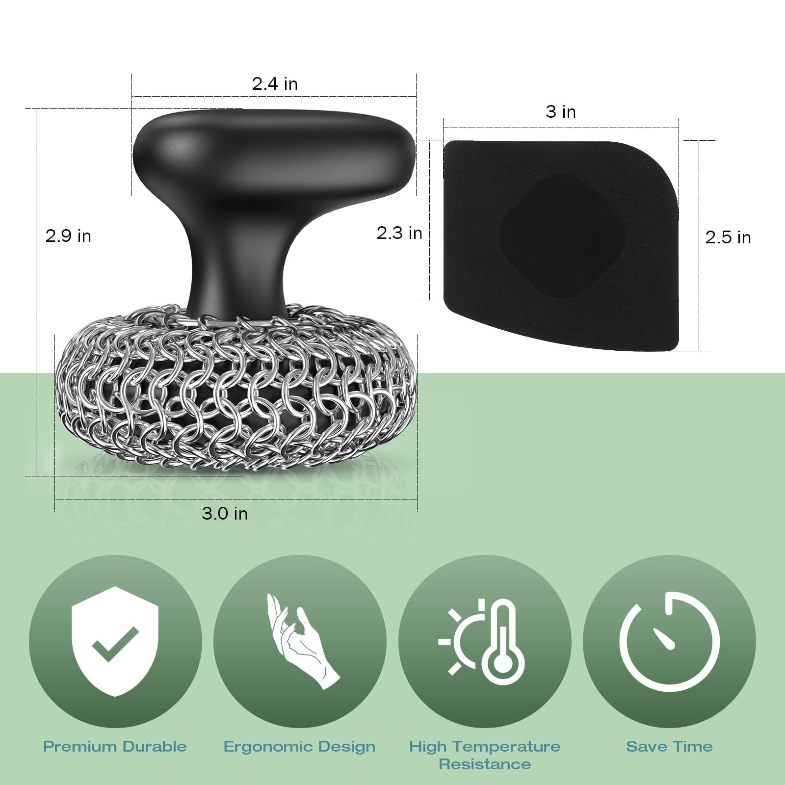 Purgreat Cast Iron Scrubber | Dish Scrub Brush | 316 Cleaner Chainmail Scrubber for Cast Iron Pan Skillet Cleaner - Dish Scouring Pad Dishwasher Safe Cleaning Kit, Black 02