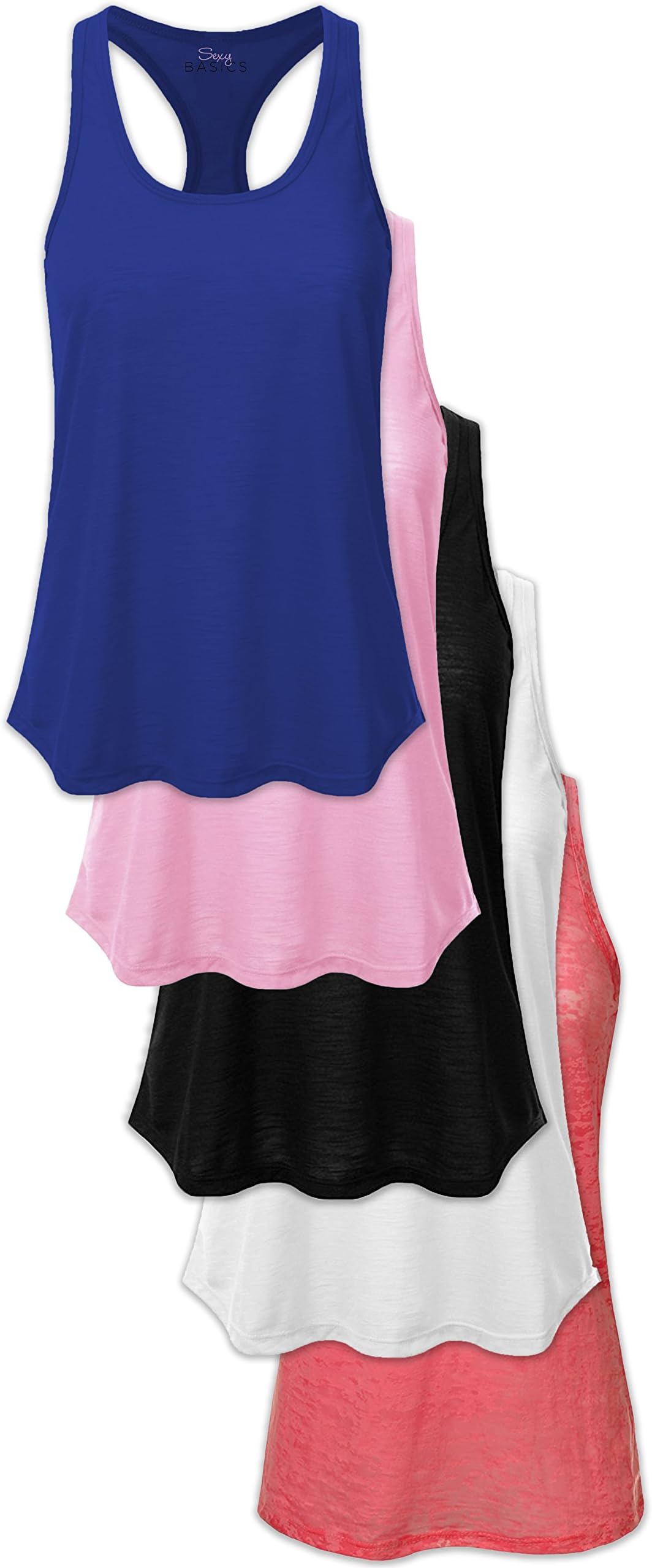 Women's Everyday Flowy Burnout Slub Racer Back Active Workout Tank Tops- 5 Pack & 6 Pack