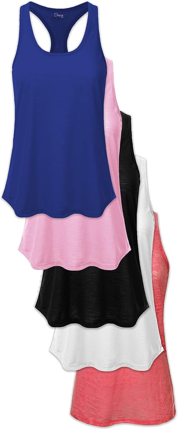 Women's Everyday Flowy Burnout Slub Racer Back Active Workout Tank Tops- 5 Pack & 6 Pack: Clothing