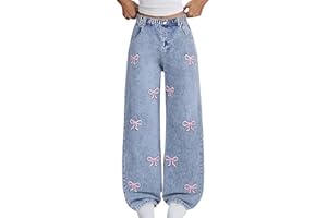 Girl's Baggy Jeans Bow Print Wide Leg High Waisted Denim Pants Loose Fit Y2K Trendy Jeans Girls Summer Preppy Kpop Jean Pants