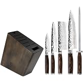 Shun Premier 6 Piece Block Set | Includes 8" Chef, 4" Paring, 5.5" Nakiri, 6.5" Utility Knives, Honing Steel &amp; 8-Slot Angled Knife Block, Pakkawood Handle