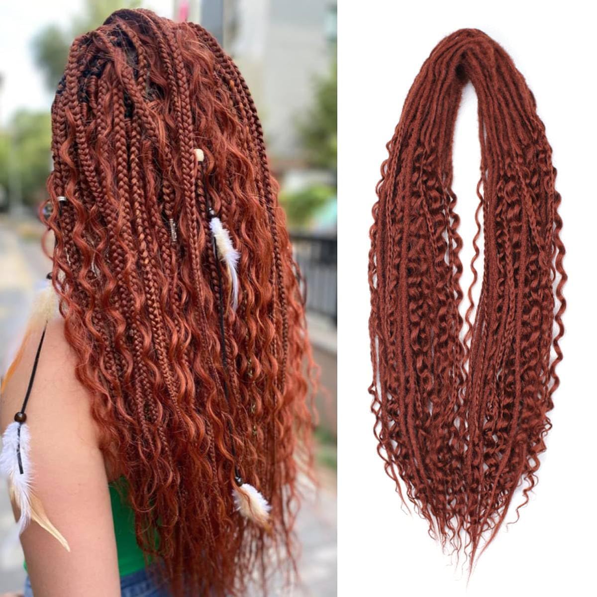 Photo 1 of Pouweney 24 Inch 3 In 1 Dreadlock Extensions Sets, 30 Strands Mixed Copper Red Synthetic DE Dreads Extensions, 100% Handmade Soft Double Ended Curly Boho Wavy Dreads for Girls