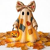 Lighted Vintage Patchwork Ghost with Pumpkin Lantern Fall Decor | Light up Ghost Decor, Patchwork Ghost, Vintage Style,Cute Fall Ghost Lamp Halloween Party Decoration Indoor