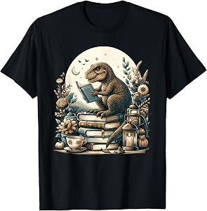 Cute Cottagecore Aesthetic T-Rex Dinosaur Reading Book Nerd T-Shirt