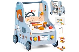 Giant bean 11-in-1 Wooden Baby Walker with Activity Center, Car Theme Montessori Walking Toy with Steering Wheel Tool Bench, 