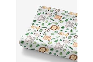 HawSkgFub African Safari Jungle Animal Eucalyptus Leaf Changing Pad Cover Baby Girl Boy, Giraffe Elephant Lion Palm Leaf Diaper Change Table Sheet, Stretchy Safe Snug Fitted Changing Mat 32"/34" x 16"