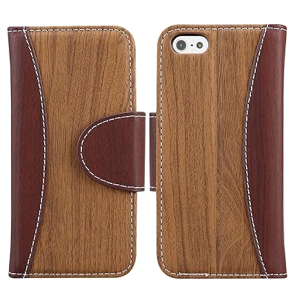 JAMMYLIZARD Lederhülle für iPhone SE und iPhone 5 / 5s Holzhülle | Handytasche [ Wallet Tasche Series ] Holz Book Case Hülle 