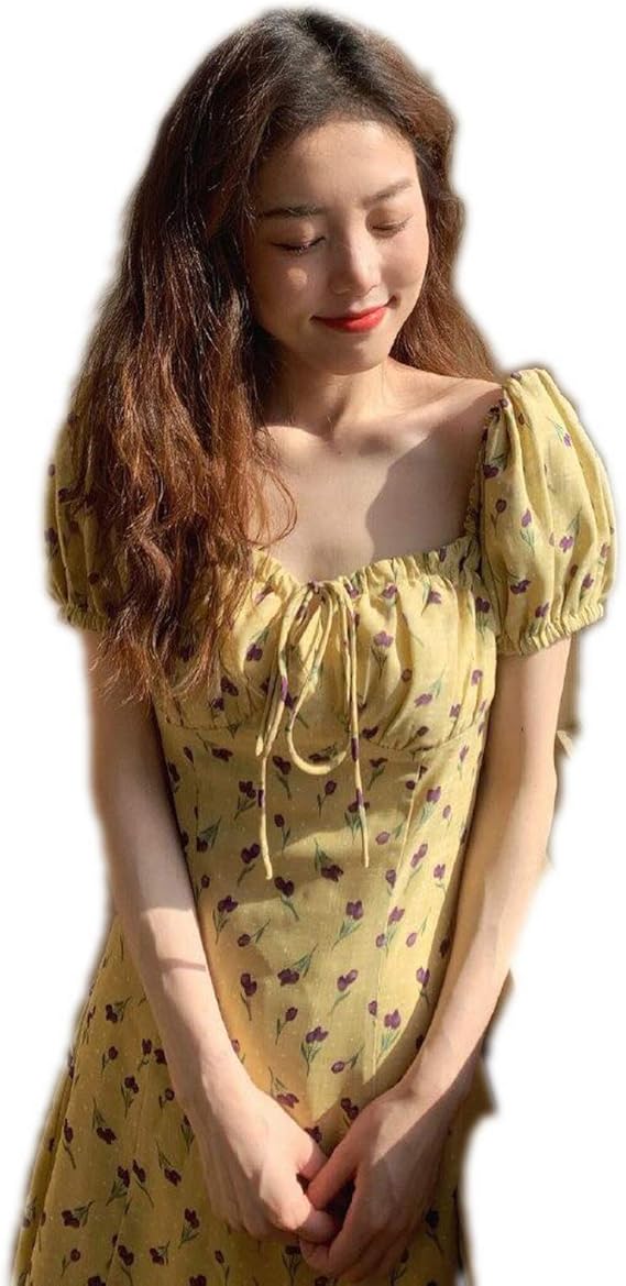 Amazon Co Jp プリントフローラルイエロードレスコットンミニショートヴェステドフェスタ滑走路韓国風の女性 服 ファッション小物