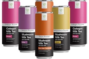HEALTHEE Booster Milk Tea with Oatmilk | Ready to Drink On-the-go Creamy Beverage | Functional Mushroom & Collagen | All Natural No Preservatives | 8 Fl Oz Can (Variety (2 Rose, 2 Sea Salt Caramel, 1 Ube, 1 Chai))
