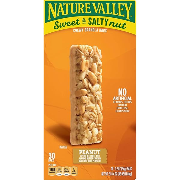 NATURE VALLEY SWEET & SALTY PEANUT CHEWY GRANOLA BARS BULK 30 COUNT, 36 OZ BOX, NO ARTIFICIAL FLAVORS COLORS OR HIGH FRUCTOSE CORN SYRUP, MORNING SNACK BARS, ADVENTURE READY