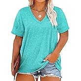Plus Size V Neck T Shirts Women Short Sleeve Tops Casual Summer Tshirts Loose Fit Tee