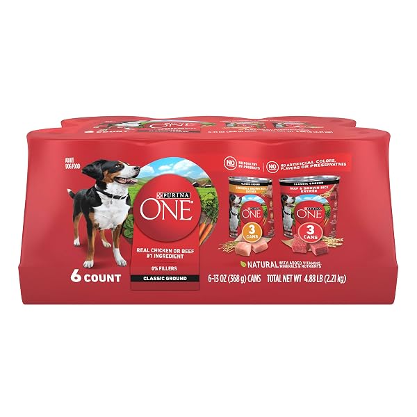 PURINA ONE CLASSIC GROUND CHICKEN AND BROWN RICE, AND BEEF AND BROWN RICE ENTREES WET DOG FOOD VARIETY PACK – (PACK OF 6) 13 OZ. CANS