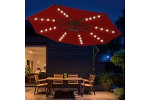 wikiwiki 10ft Solar LED Offset Hanging Market Patio Umbrella for Backyard, Poolside, Lawn and Garden,Easy Tilt Adjustment, Polyester Shade & Cross Base, Burgundy