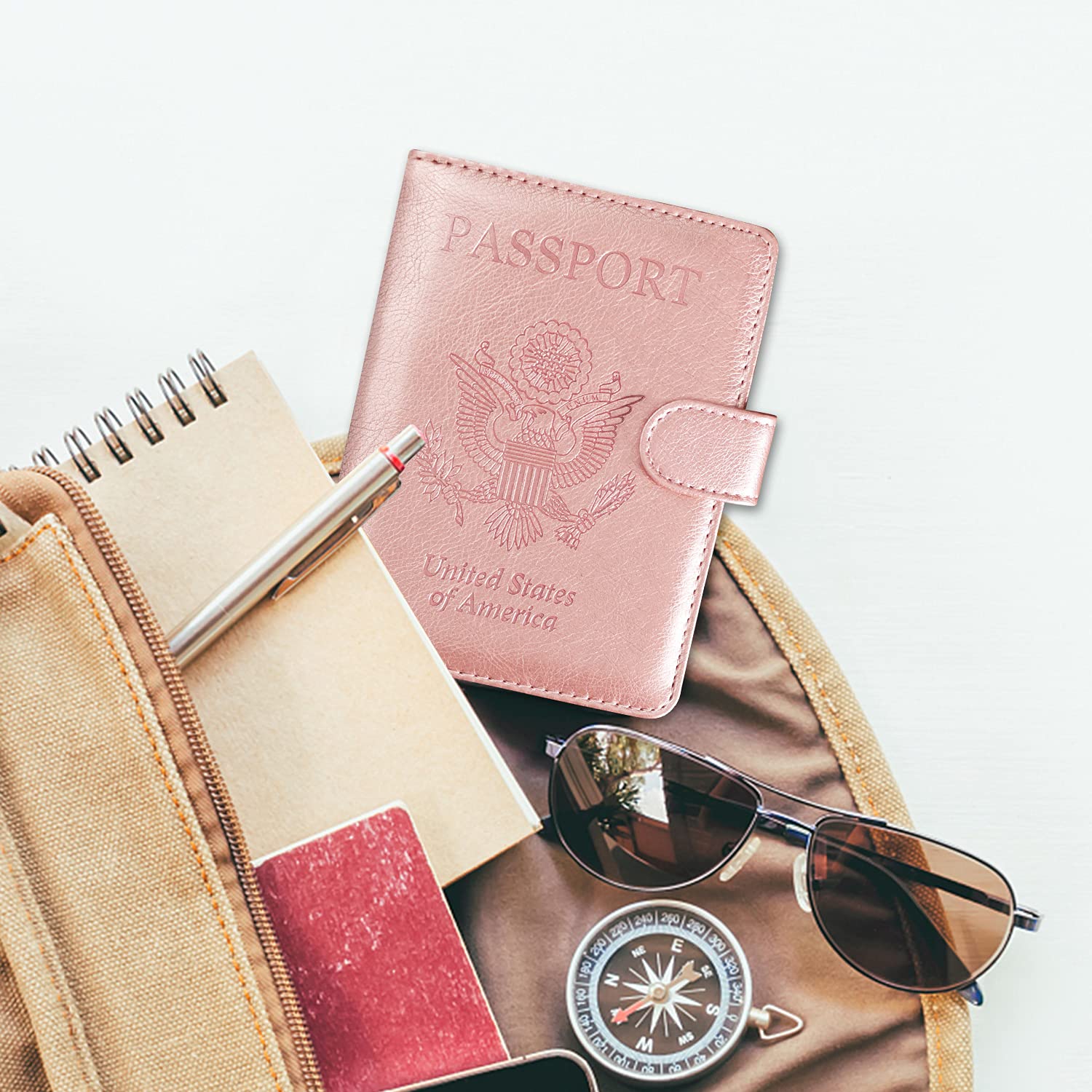 ACdream Passport and Vaccine Card Holder Combo, Cover Case with CDC Vaccination Card Slot, Leather Travel Documents Organizer Protector, with RFID Blocking, for Women and Men, Rose Gold