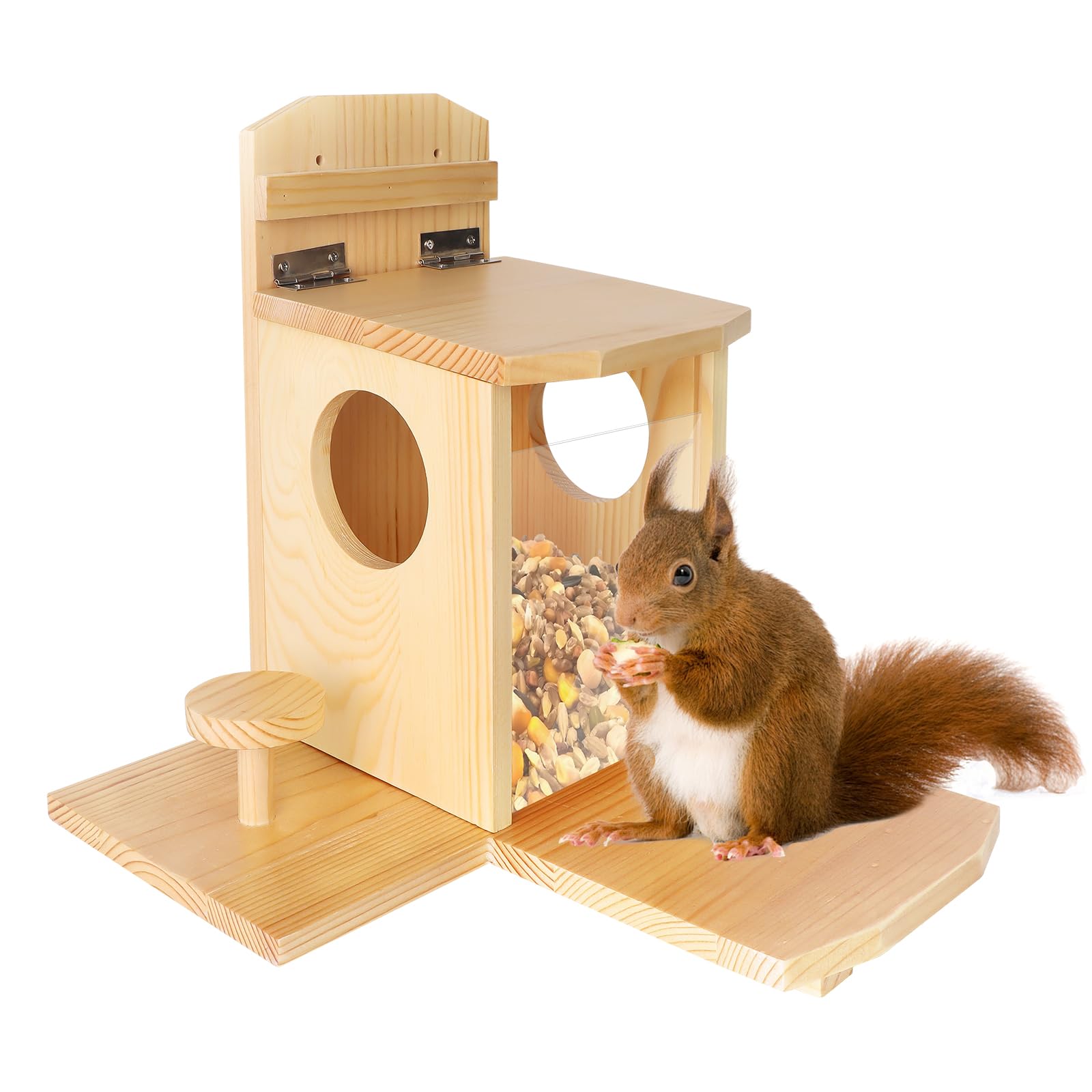Suewidfay Wooden Squirrel Feeder with Lift-Up Lid and Desk - Waterproof Durable for Outdoor Garden Outside Backyard